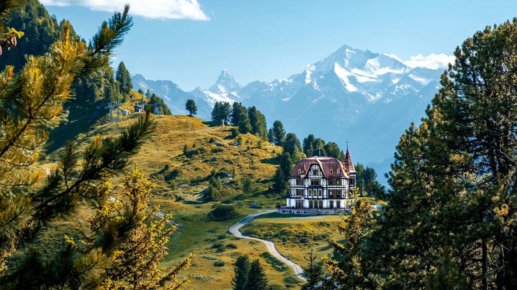 An old villa among pines with the Alps behind